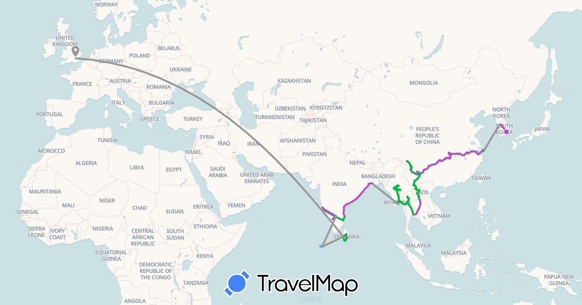TravelMap itinerary: driving, bus, plane, train, boat, hitchhiking, motorbike in China, United Kingdom, India, South Korea, Laos, Sri Lanka, Myanmar (Burma), Maldives, Thailand (Asia, Europe)